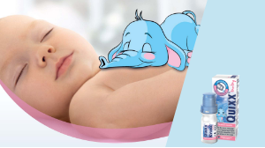 Spící dítě a kreslená postavička slůněte + přípravek řady Quixx